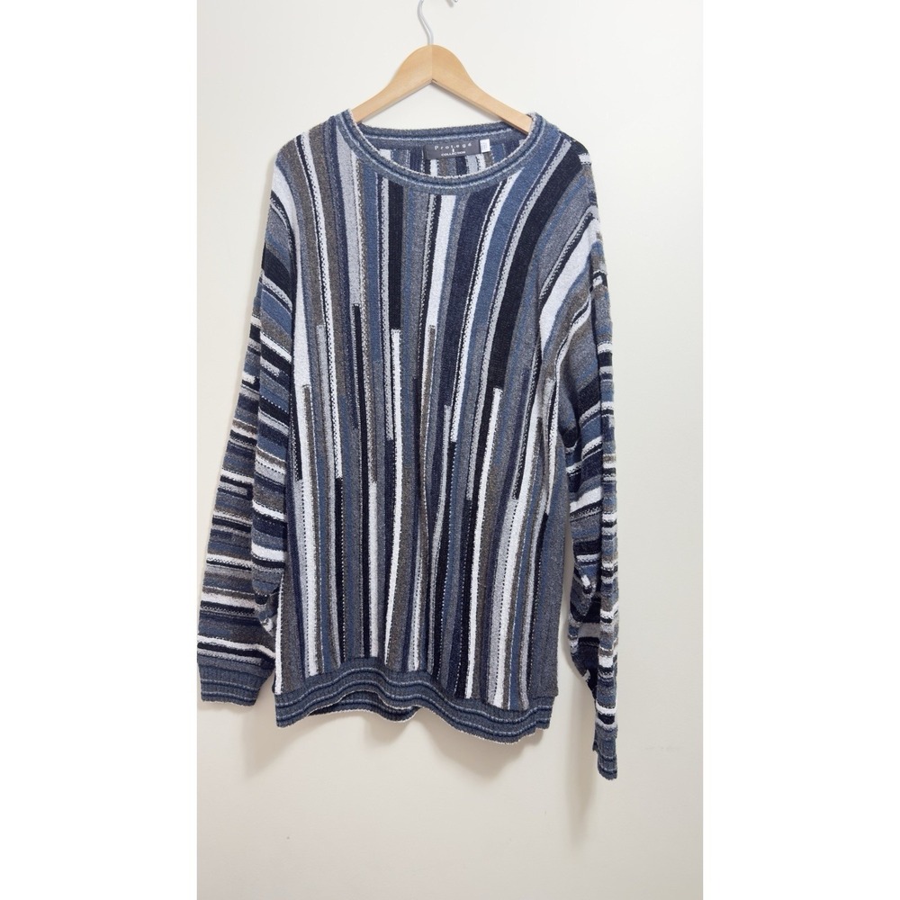 VTG Protege Collection Sweater Mens 2XL Tall Black Gray Blue Striped Acrylic USA